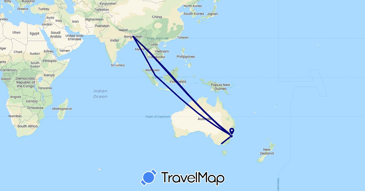 TravelMap itinerary: driving in Australia, Bangladesh, Malaysia, Singapore, Thailand (Asia, Oceania)